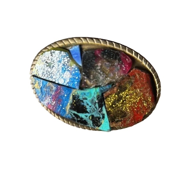 Repurposed BELT BUCKLE OOAK Hand Painted Mosaic Tiles Cluster Artisan Unisex - Picture 10 of 17